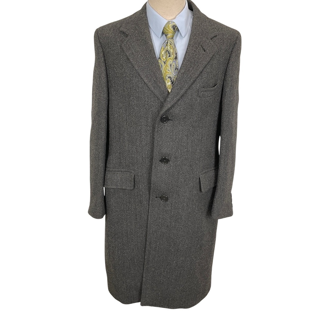 DAKS Overcoat Mens 44 Gray Charcoal Herringbone Long 80s Topcoat‎ Heritage Wool